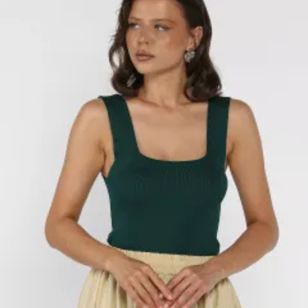 Kare Yaka Askılı Likralı Kadın Triko Bluz Zümrüt Yeşili