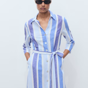 MANGO Kemerli Çizgili Keten Elbise